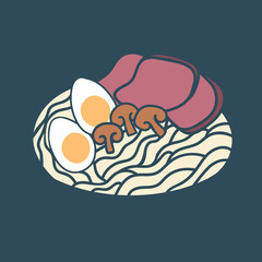 Ramen with egg, meat drawn by hand. Color illustration of egg noodles on a blue isolated background. Without a lineart. T-shirt print template, card design, banners.