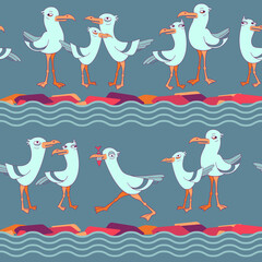 Cute seagull and wave. Seamless pattern with cartoon birds. Vector.