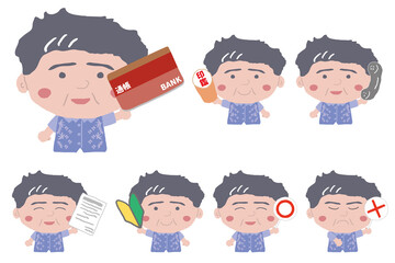 沖縄のかりゆしウェアを着た中年男性がいろいろなポーズをしている