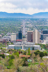 Aerial view of Salt Lake City downtown in Utah against the mountains at the background