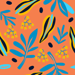 Fototapeta na wymiar Abstract colorful seamless pattern, trendy template for design, botanical elements, orange background, vector