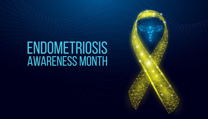 Endometriosis awareness month concept. Banner with glowing low poly yellow ribbon awareness with uterus. Futuristic modern abstract background. Vector illustration