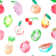 Fruit. Seamless pattern. Watercolor illustration. Isolated on a white background. For your design.