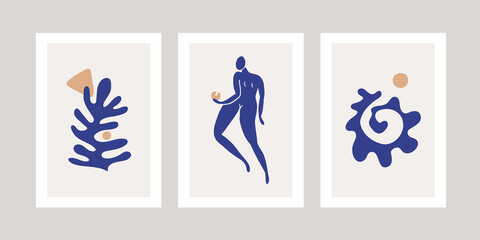 Set of three abstract posters with one woman silhouettes and sea shapes painted in the Henry Matisse style.