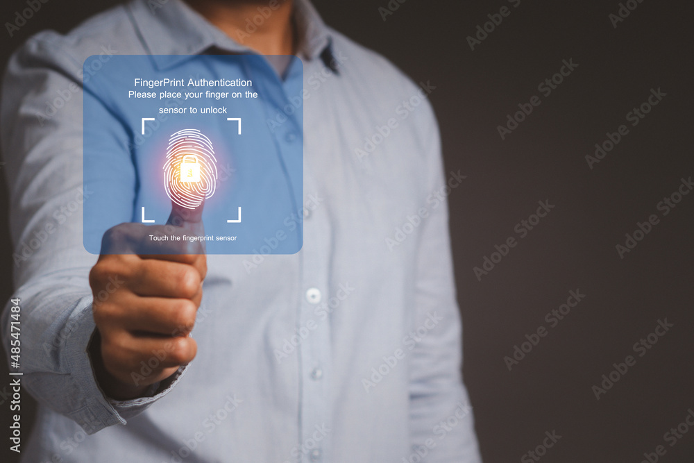 Poster a businessman scan fingerprint biometric identity to access personal data.