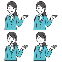 笑顔で案内するスーツの女性（左手上げ・シンプル）