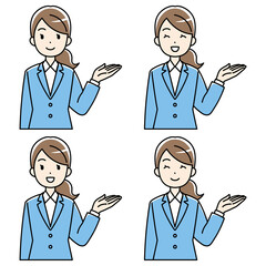 笑顔で案内するスーツの女性（左手上げ・カラー）