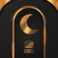 elegant luxury golden crescent moon decoration mosque with black dark background for ramadan kareem decoration (text translation = blessed ramadan)