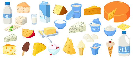 A set of dairy products.Milk, yogurt,sour cream,cottage cheese,butter,ice cream,roquefort,parmesan, edam, tilsiter,camembert, gouda and mozzarella.Dairy products isolated on a white background.