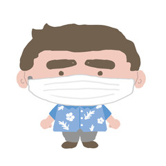 沖縄のかりゆしウェアを着た中年男性がマスクをつける