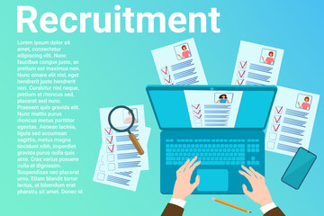 Recruitment of personnel.An employee of a recruitment agency studies applicants' questionnaires.Poster in business style.Flat vector illustration.