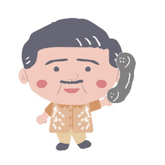 沖縄のかりゆしウェアを着た中年男性が受話器を持っている