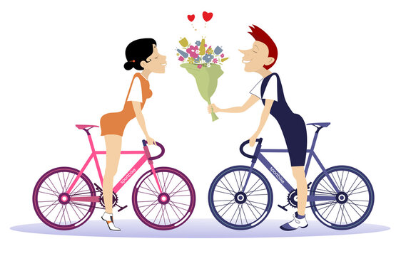 Love couple rides bikes illustration.
Hurt symbols. Bunch of flowers.  Young man and woman with bikes isolated on white.
