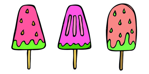 Vector set of hand drawn ice cream illustration isolated on white backgrounds. Cute colorful dessert clipart. For print, web, design, decor, logo.