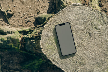 Smartphone on a tree stump branding mockup