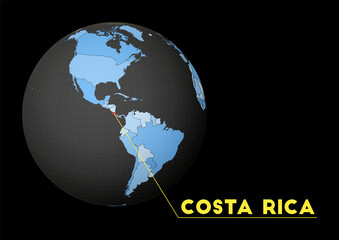 Costa Rica on dark globe with blue world map. Red country highlighted. Satellite world view centered to Costa Rica with country name. Vector Illustration.