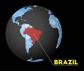 Brazil on dark globe with blue world map. Red country highlighted. Satellite world view centered to Brazil with country name. Vector Illustration.