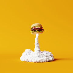 Burger rocket and smoke on yellow background. Creative idea. Minimal fast food concept. 3d rendering