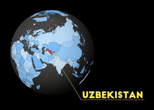 Uzbekistan on dark globe with blue world map. Red country highlighted. Satellite world view centered to Uzbekistan with country name. Vector Illustration.