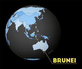 Brunei on dark globe with blue world map. Red country highlighted. Satellite world view centered to Brunei with country name. Vector Illustration.