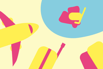 The concept of a trip to the sea. Airplane, suitcases, tickets symbol of rest and travel. Beach holiday flyer.