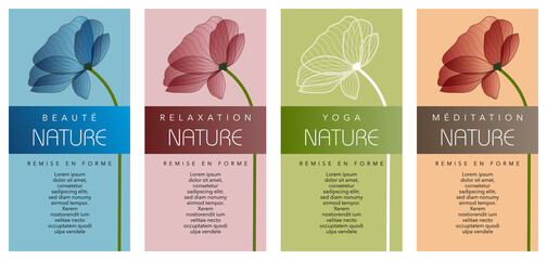 Fototapeta na wymiar Série de 4 flyers, pour un spa ou un établissement beauté au naturel, décoré d’une fleur sur 4 fonds aux couleurs différentes.