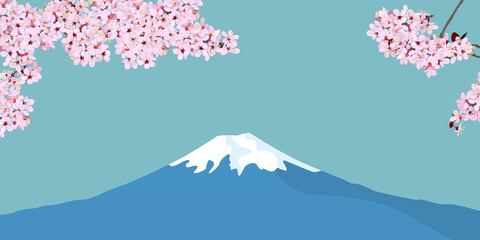 Mt. Fuji and cherry blossoms. vector illustration, copy space, website, banner, header, poster, sign, greeting card, graphic, mountain, sky, flower, spring, nature
