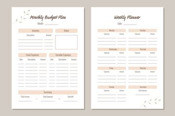 Monthly and weekly budget planner. Personal planner template in minimalistic style and pastel colors. Vector - obrazy, fototapety, plakaty