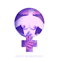 Female silhouette with flowers. Naked dancing woman. Happy Women's day. Happy Mother's Day. Venera, Venus female concept paper cut style. Health care. Body positive. Violet, Purple,Pink.