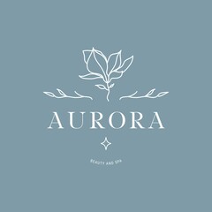 Illustration of logo template with magnolia flower and brand elements in simple minimal linear style in flesh color. © Iren Art