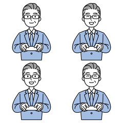 名刺を差し出すスーツの中高年男性（シンプル）