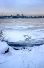 Dnipro city on the Dnipro river in winter, Ukraine