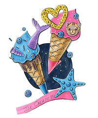 food illustration sweets cartoon style ice cream in a waffle cone summer mood berries sea chocolate and edible heart