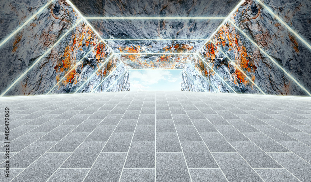 Poster the brick floor and the cave form the background of the space passage extending into the future