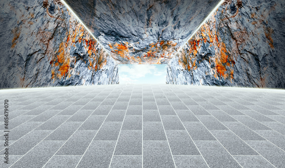 Poster the brick floor and the cave form the background of the space passage extending into the future