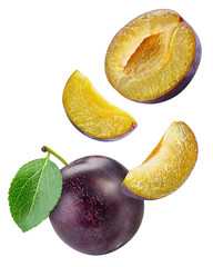 Flying plum isolated on the white background. Plum half and slice. Fresh fruits isolated on white background