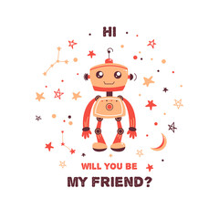 Cute children's illustration. Space and the universe, astronaut, constellations and planets, alien robot