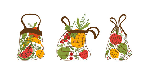 Set of string bags with fresh fruits.  Handbags with vegetable products. Zero-waste, plastic-free concept. Vector flat illustration