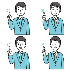 人差し指を立てるスーツの男性（シンプル）