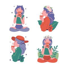 Set of cartoon girls drinking tea. The cute character love drink i