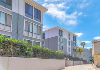 Fototapeta na wymiar Fenced apartment buildings at La Jolla in San Diego, California