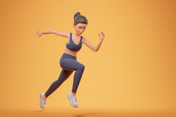Fototapeta na wymiar Beautiful cartoon character young woman in black sportswear run over yellow background with copy space. Fitness club advertising.