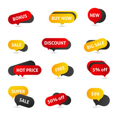 Vector stickers, price tag, banner, label. Coupon sale, offers and promotions vector template. Shop price tag, retail, commerce, business