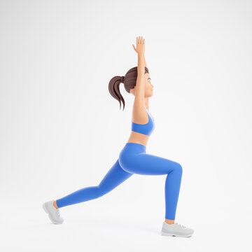 Attractive slim cartoon character woman in blue sportswear doing fitness stretch exercise isolated over white background.