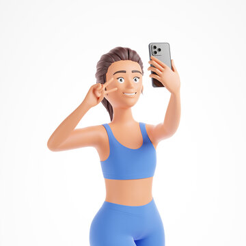 Smiling cartoon character woman blue sportswear making peace sign selfie isolated over white background.