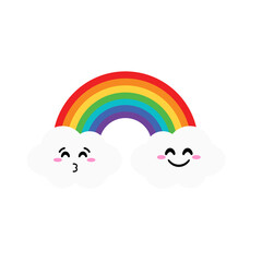 Cartoon rainbow, colorful rainbow decorated with hearts and clouds, colorful collection of graphic illustrations.