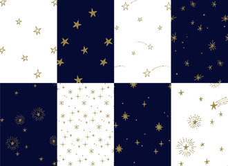 手描き　シンプルでかわいい星空のパターン装飾イラストセット　流れ星