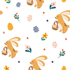 Obraz premium Easter bunny seamless pattern. Cute rabbit with a wicker basket and eggs. Spring. Hand drawn beautiful background, for easter wrapping paper, banner, textile, wallpaper. Cartoon vector illustration