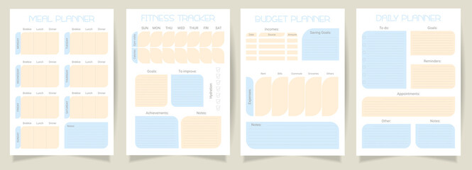 A set of organizer planners. Fitness tracker, meal planner, daily planner, budget planner. A4 printable templates.