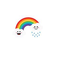 Cartoon rainbow, colorful rainbow decorated with hearts and clouds, colorful collection of graphic illustrations.